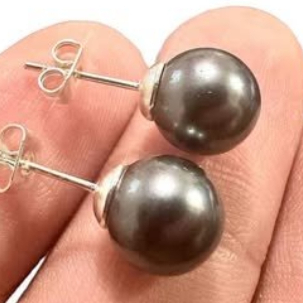 Black Pearl Earrings, Freshwater Pearl Earrings, 8mm, White Gold Plated